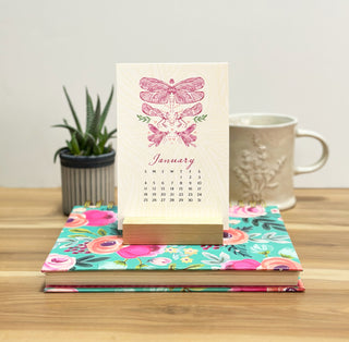 2026 Mini Desk Calendar with Wooden Stand: Illustrated Insects and Colorful Bug Art