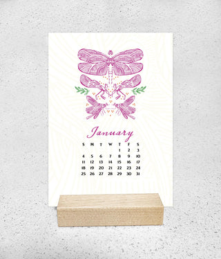 2026 Mini Desk Calendar with Wooden Stand: Illustrated Insects and Colorful Bug Art