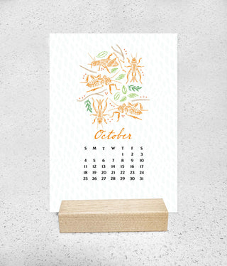 2026 Mini Desk Calendar with Wooden Stand: Illustrated Insects and Colorful Bug Art