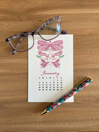2026 Mini Desk Calendar with Wooden Stand: Illustrated Insects and Colorful Bug Art